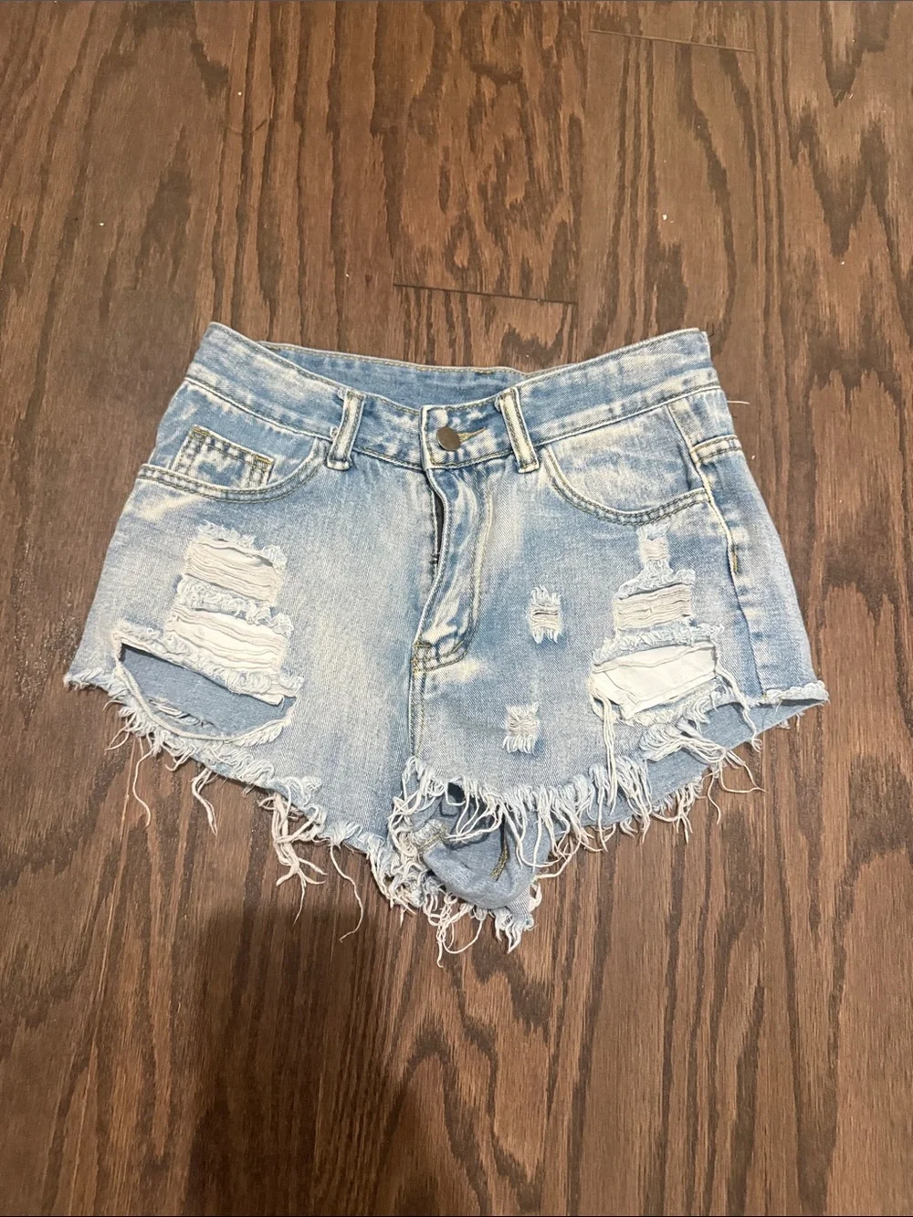 Light Blue Distressed Denim Shorts - Women